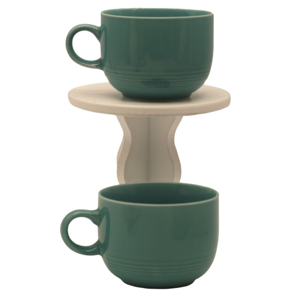 Vintage RS Japan Ceramic Coffee Mugs Teal Blue Aqua Ring Base MCM Set Of 2 Cups